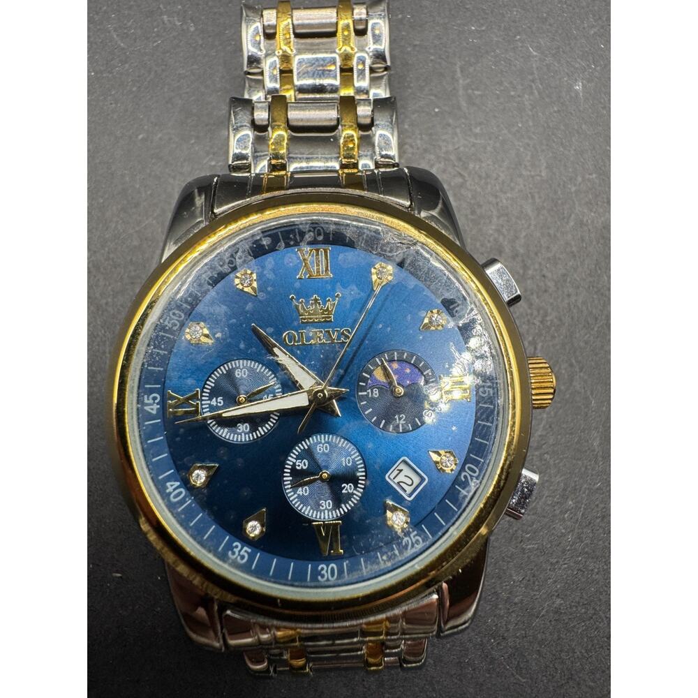 OLEVS Mens Watch Chronograph Business Blue Face Quartz Stainless Steel Working